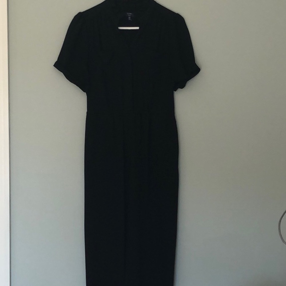 Petite Jumpsuit with Ruffled Neckline and Cuffed Sleeves